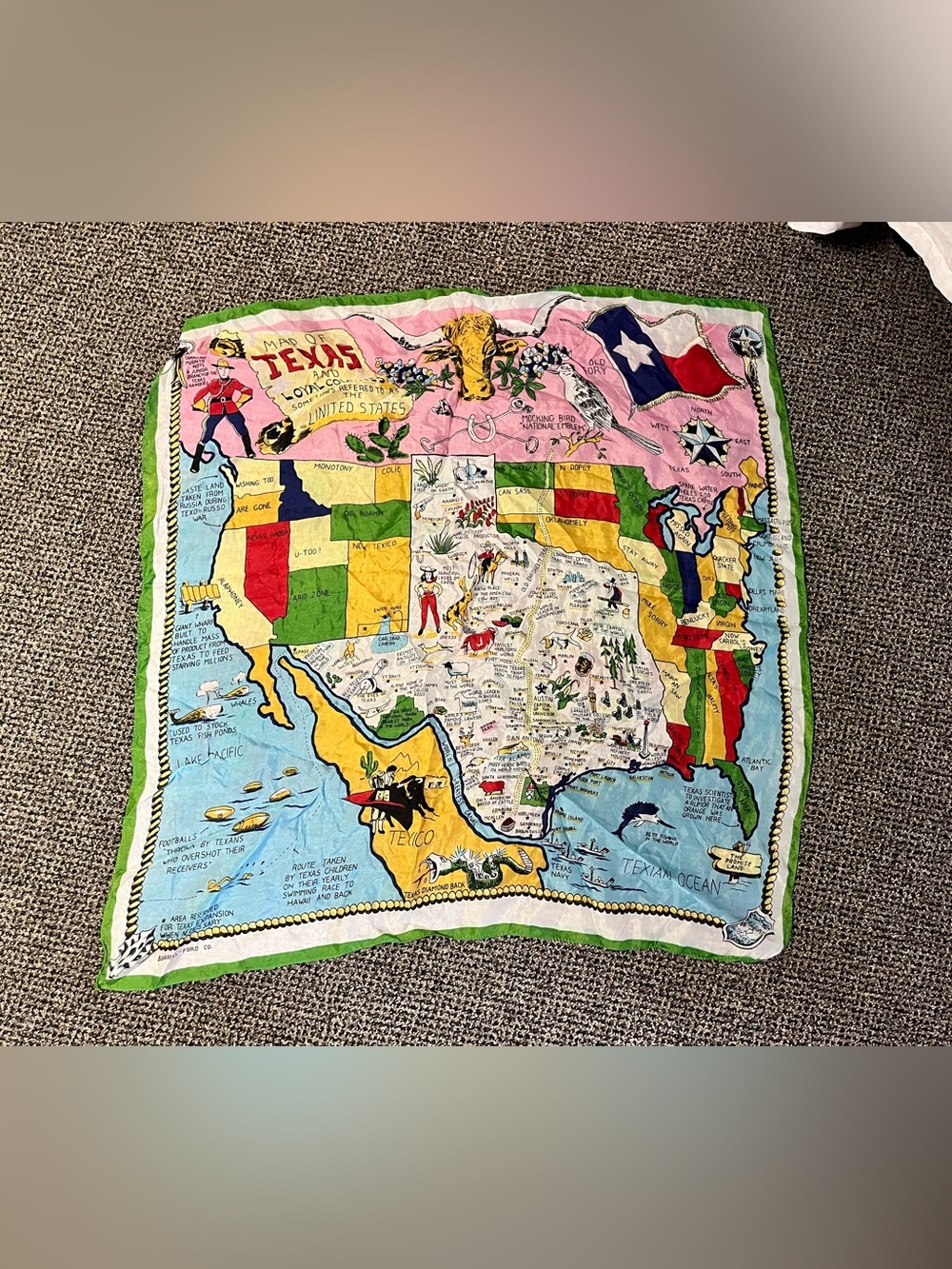 Vintage Texas State Souvenir Map 27x27 Neon Scarf Wrap Bandana RARE HTF